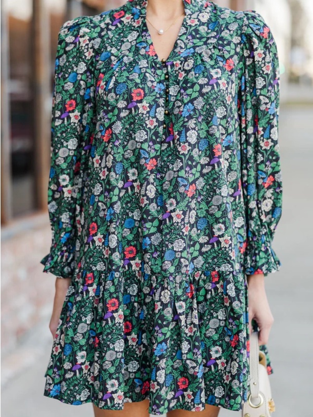 entro Black Floral Mini Dress with Green, Blue and Pink Accents
